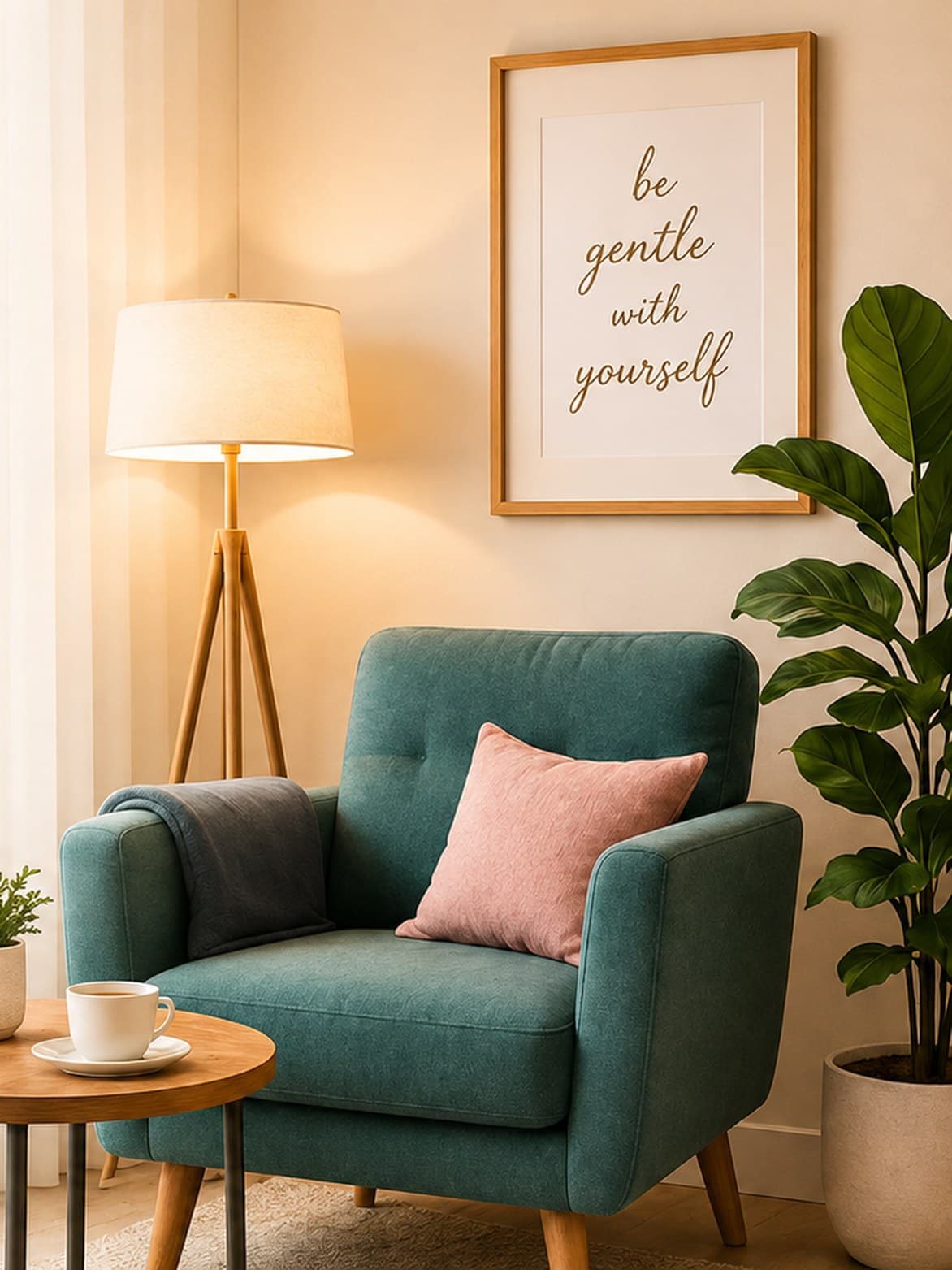 A softly lit therapy room with a green armchair, a floor lamp, a plant and a framed print reading 'be gentle with yourself'.